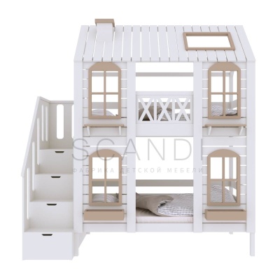 Детская двухъярусная кровать-домик Тора с лестницей-комодом