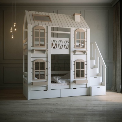 Детская двухъярусная кровать-домик Тора с лестницей-комодом