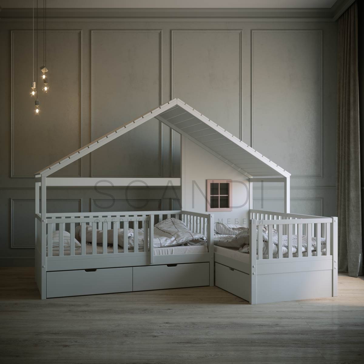 Угловая детская кровать-домик с крышей Де-Лейен купить в Санкт-Петербурге