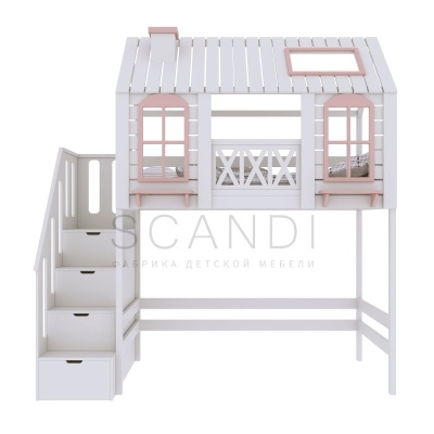 Детская кровать-чердак домик Аснен с лестницей-комодом